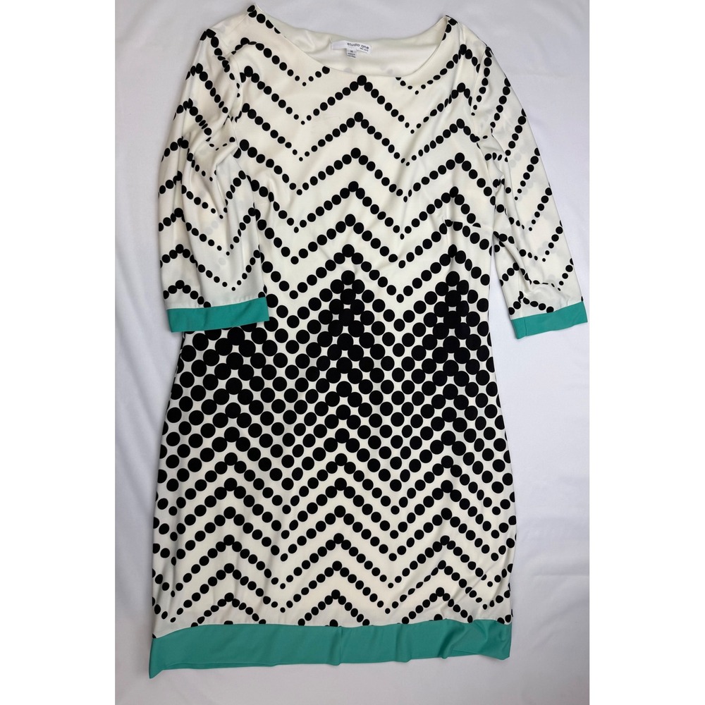 Studio One New York Polka Dot Chevron Shift Dress Green Trim Black White Medium